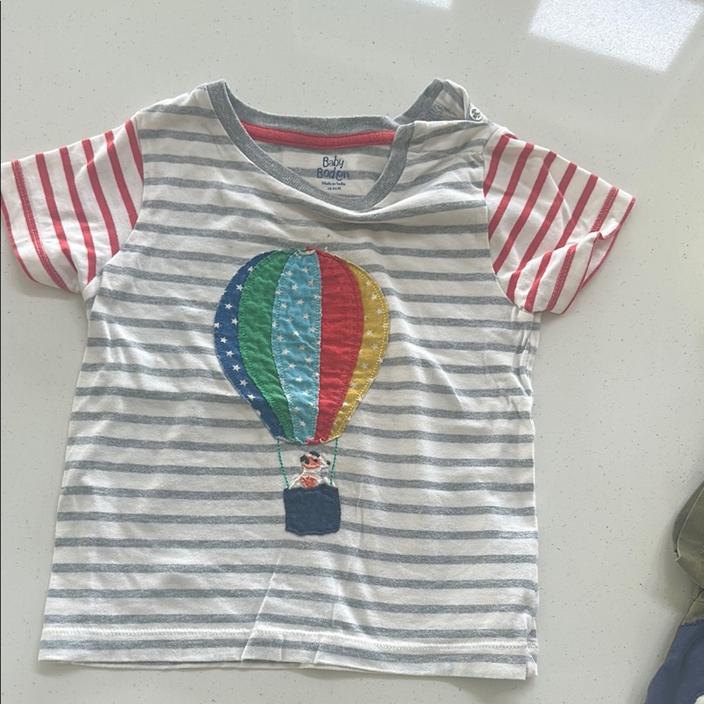 Baby Boden Red and White Striped Tee with Hot Air Balloon Design